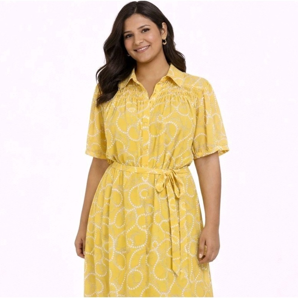 A NEW DAY Size Medium‎ Sheer Yellow Chiffon Chain & Pearls Print Belted Dress